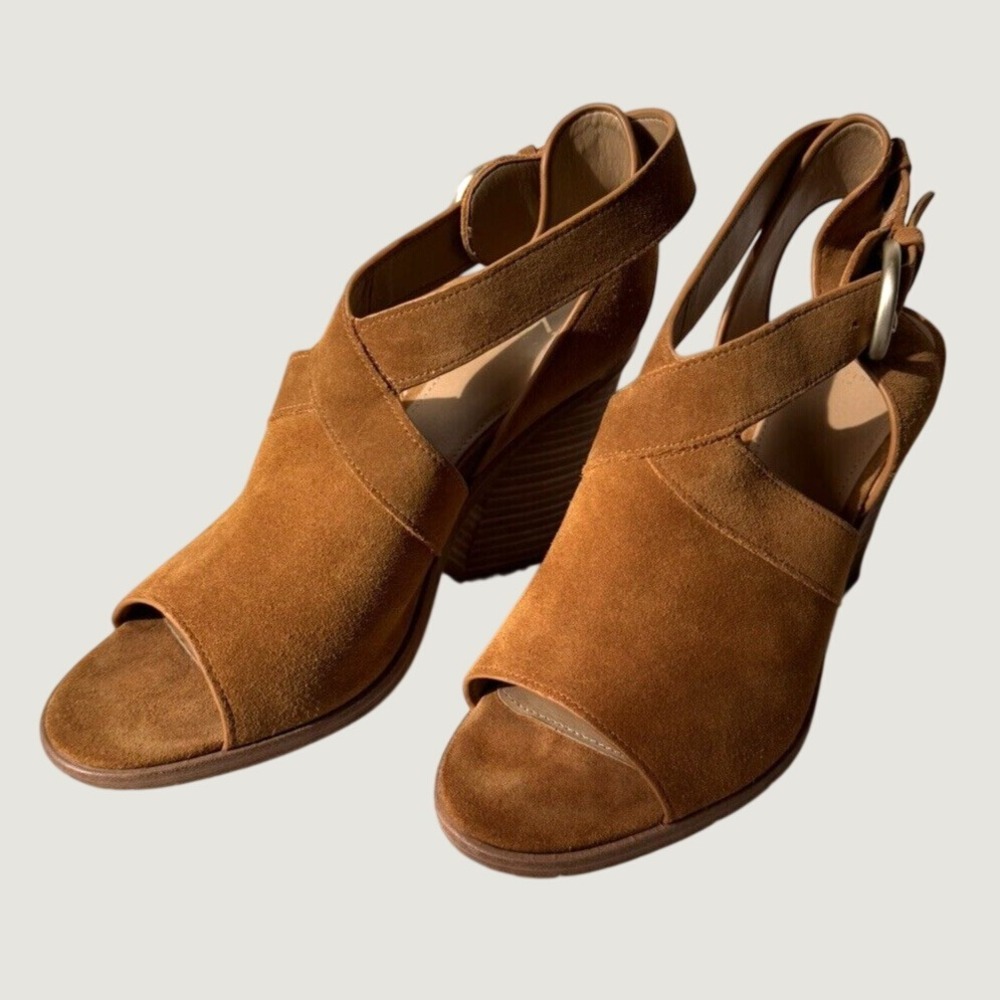 Marc Fisher Suede Sandals Womens 8 Strappy Block Heel Brown Open‎ Toe Booties